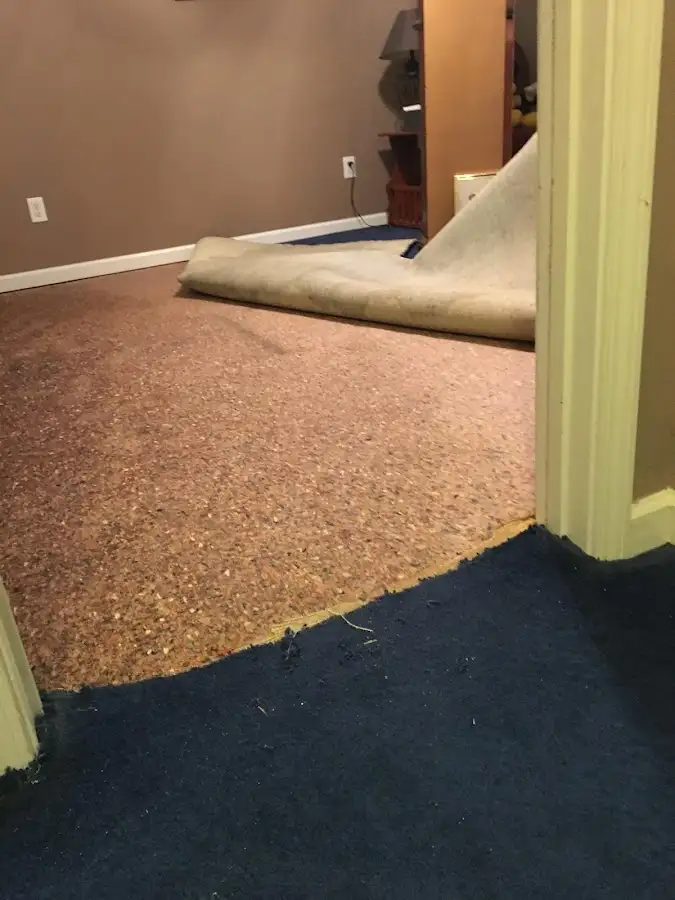 Carpet pad removal revealing water damage during Drying & Dehumidification in Harrisville